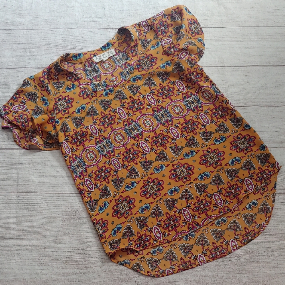 Pink Rose Mustard-Orange Ruffle Cap Sleeve Blouse